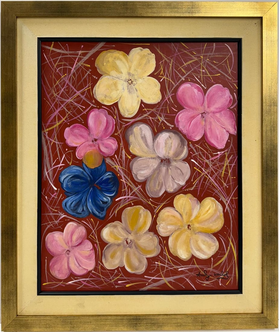 Andy Warhol American 1928-1987 Acrylic/Canvas in the style of.Haring and Warhol Pop Art Era: Title: Untitled Medium: Acrylic on canvas Dimensions: 20 x 16 inches Collection: Private collection Description:This vibrant composition features an array of delicate flowers in soft hues of yellow, p