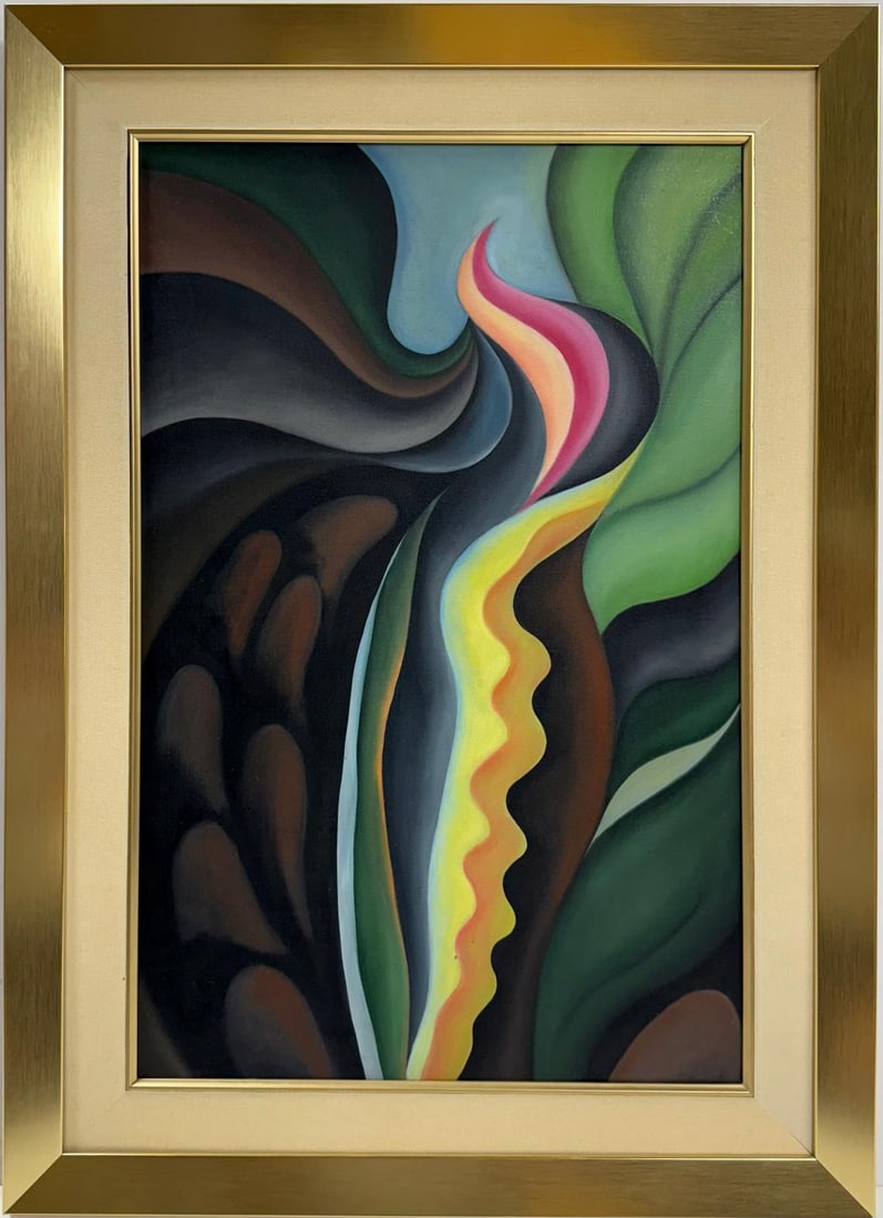 Georgia O'Keeffe American 1887 - 1986 Oil On Canvas Painting in the style of. Pollock Abstract Era.: Title: Untitled Medium: Oil on canvas Dimensions: 24 x 16 inches Collection: Private collection Description:This mesmerizing oil painting showcases a fluid and abstract composition, blending organic s