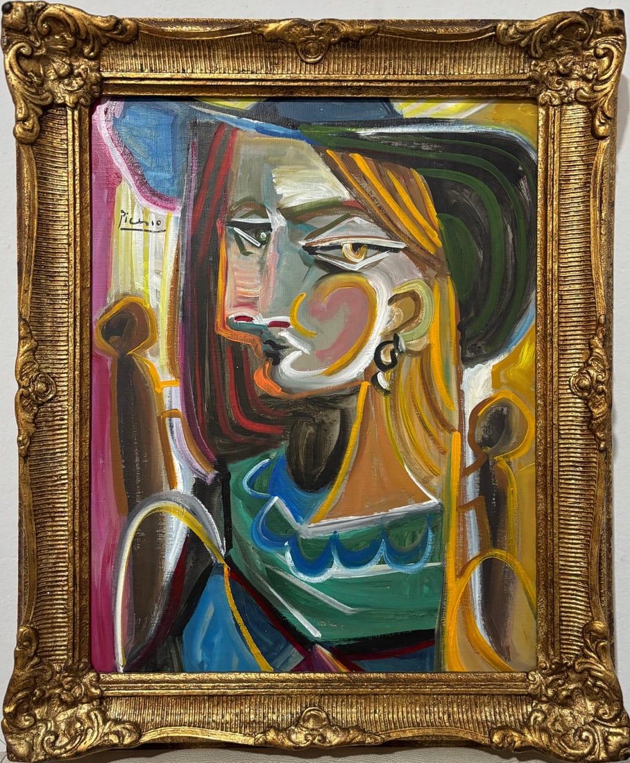 Pablo Picasso Spanish 1881-1973 Beautiful Oil on canvas painting in the style of. Cubist Era: Title: Untitled Technique: Oil on Canvas Dimensions: 18.5 x 14.5 inches Collection: Private Collection Description: This captivating oil painting showcases the artist's exceptional ability to merge ab