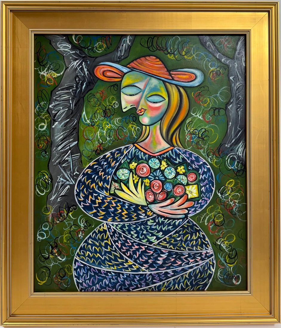 Pablo Picasso Spanish 1881-1973 Beautiful Oil on canvas painting in the style of. Cubist/Modern Era: Title: Untitle Collection: Private collection, GALERIE BEYELER Technique: Oil on canvas Dimensions: 24 x 20 inches Description: This oil on canvas artwork exudes a vibrant energy through its expressiv