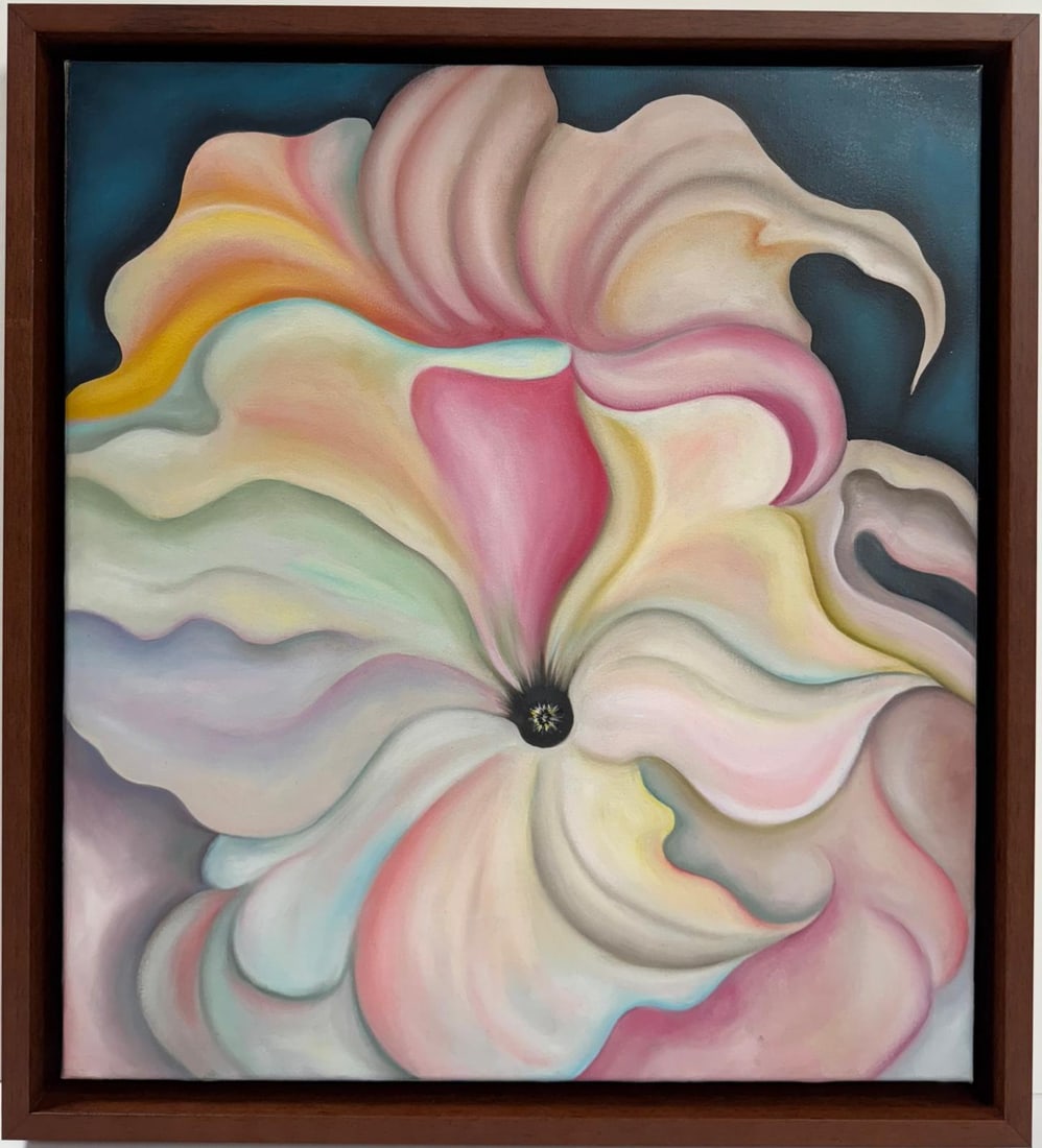 Georgia O'Keeffe American 1887 - 1986 Oil On Canvas Painting in the style of. Abstract-Expressionist: Title: Untitle Technique: Oil on canvas Measures: 20 x 18 inches Private Collection Visual Analysis:This painting portrays an abstracted, close-up view of a flower, emphasizing the swirling, organic f