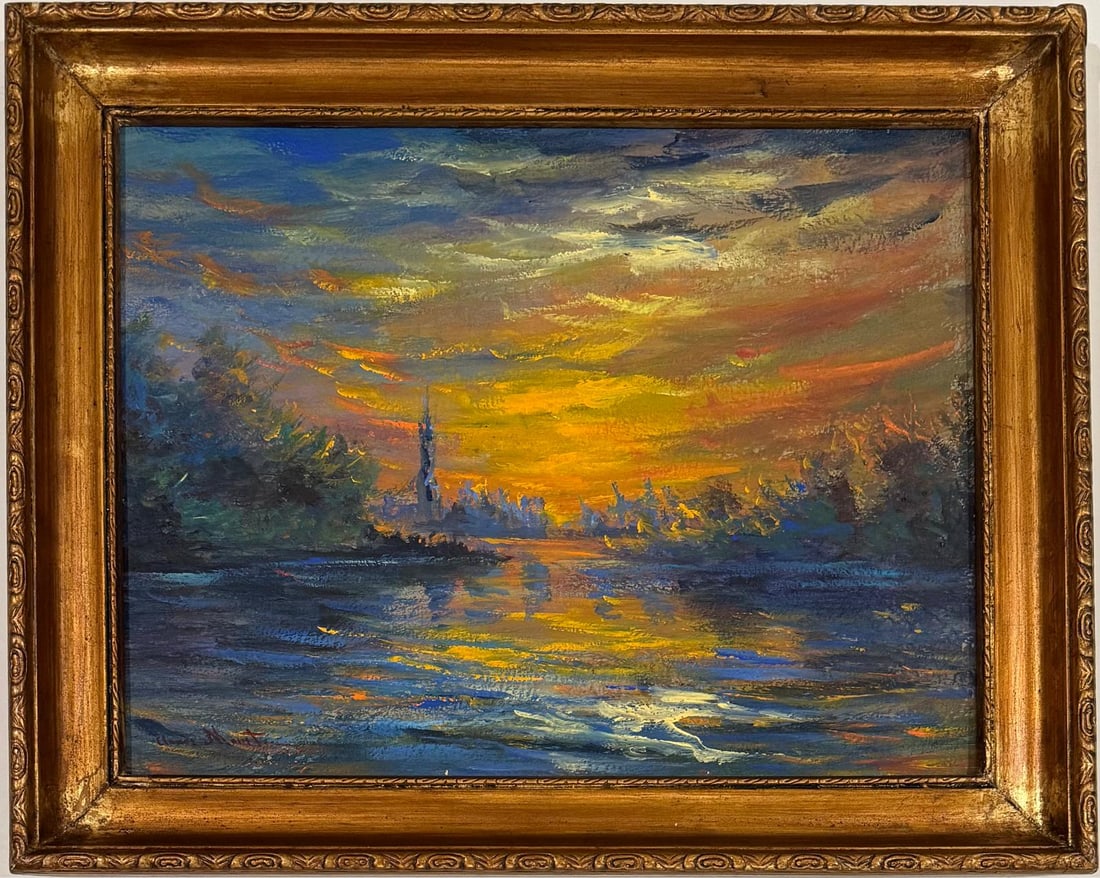 Claude Monet French 1840 - 1926 Oil on Canvas Painting in the style of. Impressionism Period.: Title: Untitled Technique: Oil on canvas Measures: 12 x 16 inches Private Collection Description:This painting captures a mesmerizing sunset scene, with vibrant hues illuminating the sky and reflectin