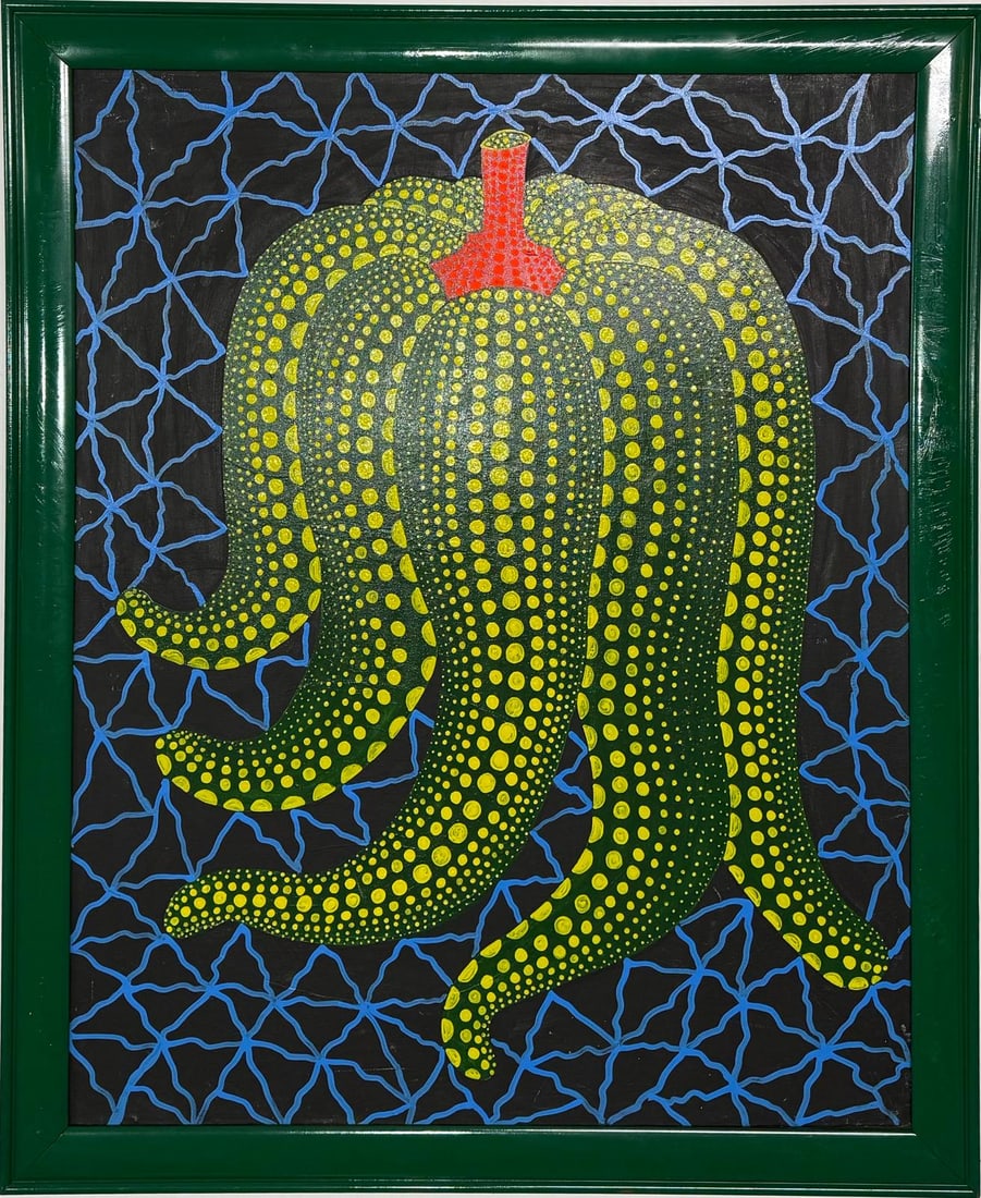 Yayoi Kusama (B.1929) Pumpkin Japanese In the Style of. Minimalism and Pop Art Era. Acrylic/Canvas: Title: Pumpkin Technique: Acrylic on canvas Measures: 32 x 25.5 inches Private Collection Visual Analysis:The artwork presents a striking depiction of a pumpkin, rendered in bold colors and intricate 