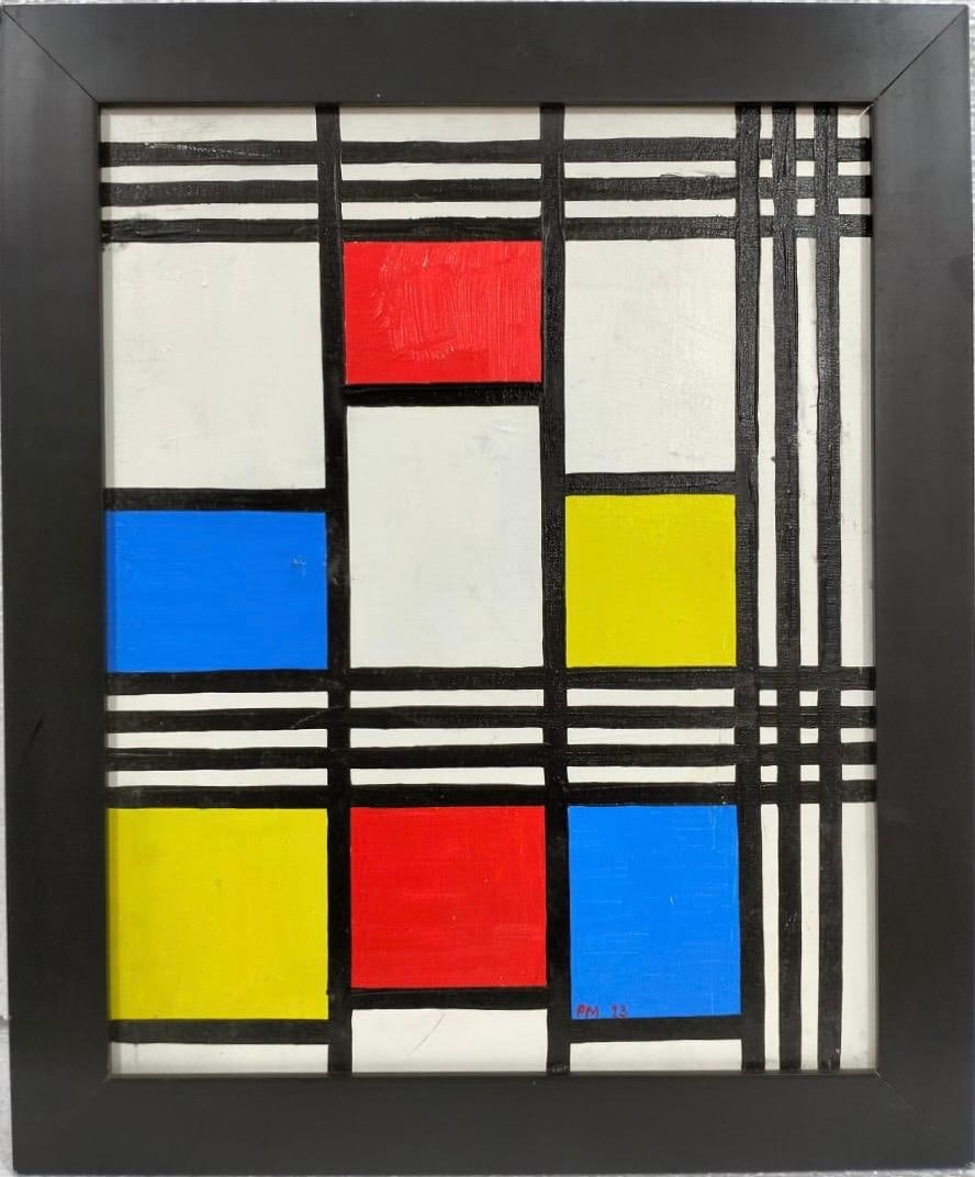 Piet Mondrian Dutch 1872- 1911 Oil on Canvas Painting in the style of. Modernism and Abstraction Era: Title: Composition No. XII with Blue, Red and Yellow Technique: Oil on canvas Dimensions: 20 x 16 inches Collection: Private collection Description:This artwork presents a minimalist and geometric com
