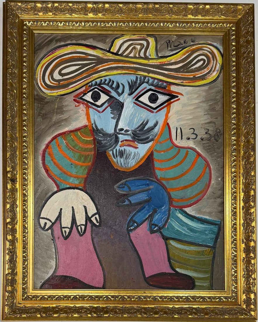 Pablo Picasso Spanish 1881-1973 Beautiful Oil on canvas painting in the style of .Cubist/Modern Era: Title: UntitledTechnique: Oil on Canvas Dimensions: 32 x 24 inches Collection: Private Collection Description:This striking oil painting reflects the artist's signature boldness and abstraction. The c