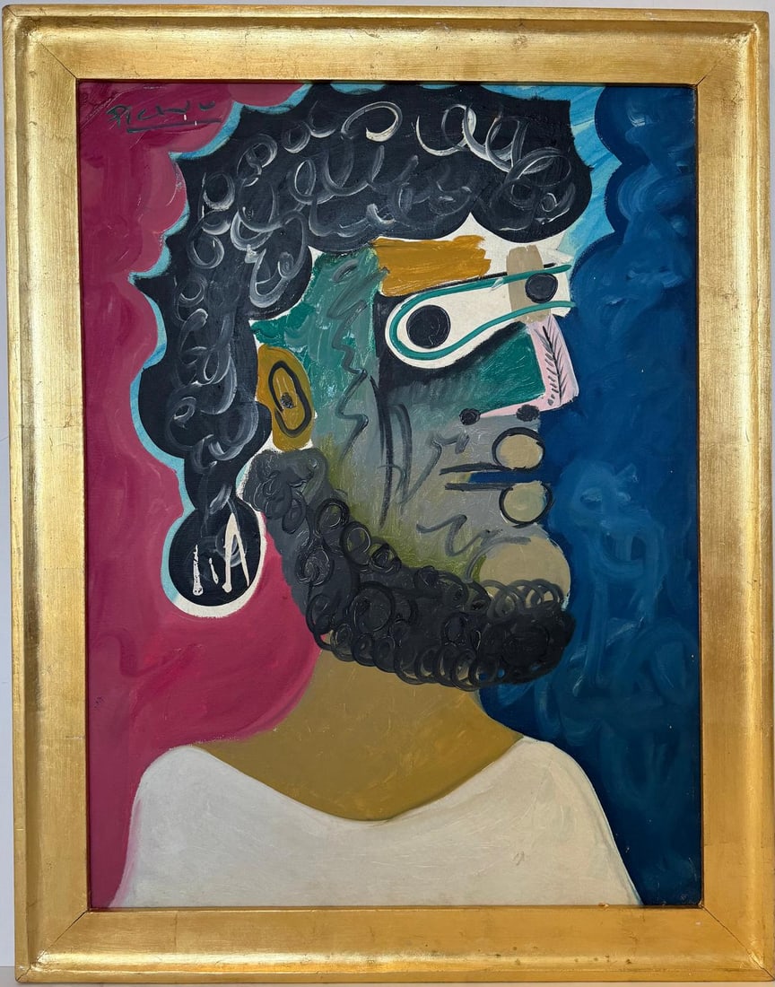 Pablo Picasso Spanish 1881-1973 Beautiful Oil on canvas painting in the style of. Cubist/Modern Era: Title: Untitled Technique: Oil on Canvas Dimensions: 31.5 x 23.5 inches Collection: Private Collection Visual Description:This bold and expressive painting features a stylized portrait of a bearded ma