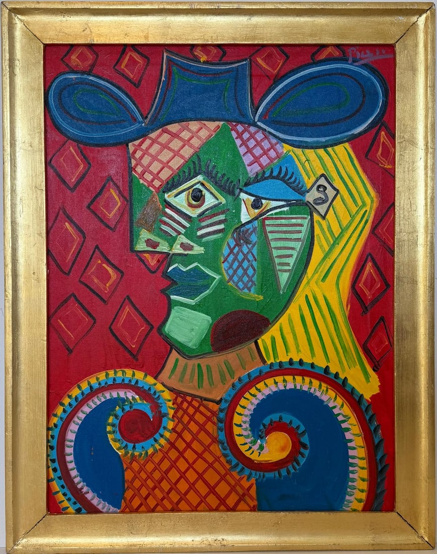 Pablo Picasso Spanish 1881-1973 Beautiful Oil on canvas painting in the style of. Cubist/Modern Era: Title: Buste de Femme Technique: Oil on Canvas Dimensions: 32 x 24 inches Collection: Private Collection Visual Description:The painting "Buste de Femme" is a vibrant and dynamic portrait that depicts