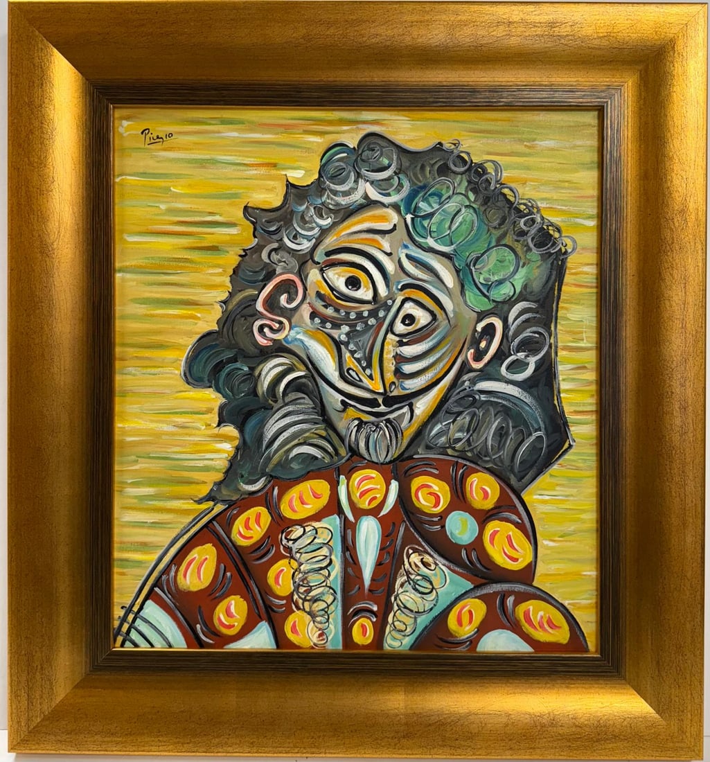 Pablo Picasso Spanish 1881-1973 Beautiful Oil on canvas painting in the style of. Cubist/Modern Era: Title: Untitled Technique: Oil on Canvas Dimensions: 20 x 18 inches Collection: Private Collection Visual Description:This painting features an abstract and highly stylized portrait of a figure, rende