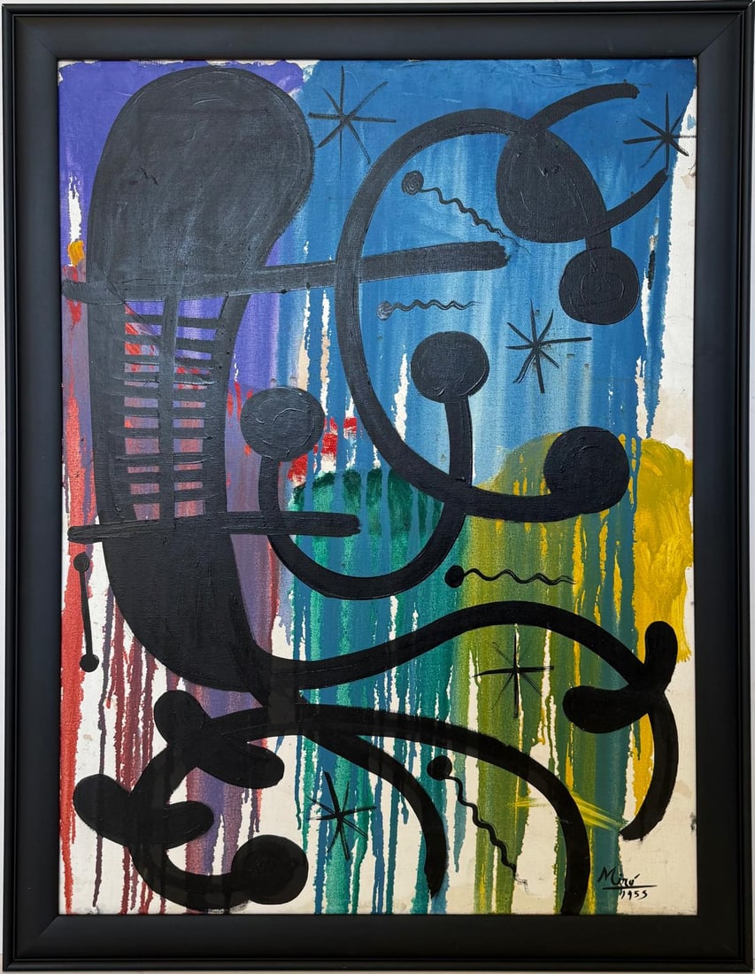 Joan Miro Spanish 1893 - 1983 Oil on canvas painting in the style of. Modernism and Surrealist Era (1 of 7)