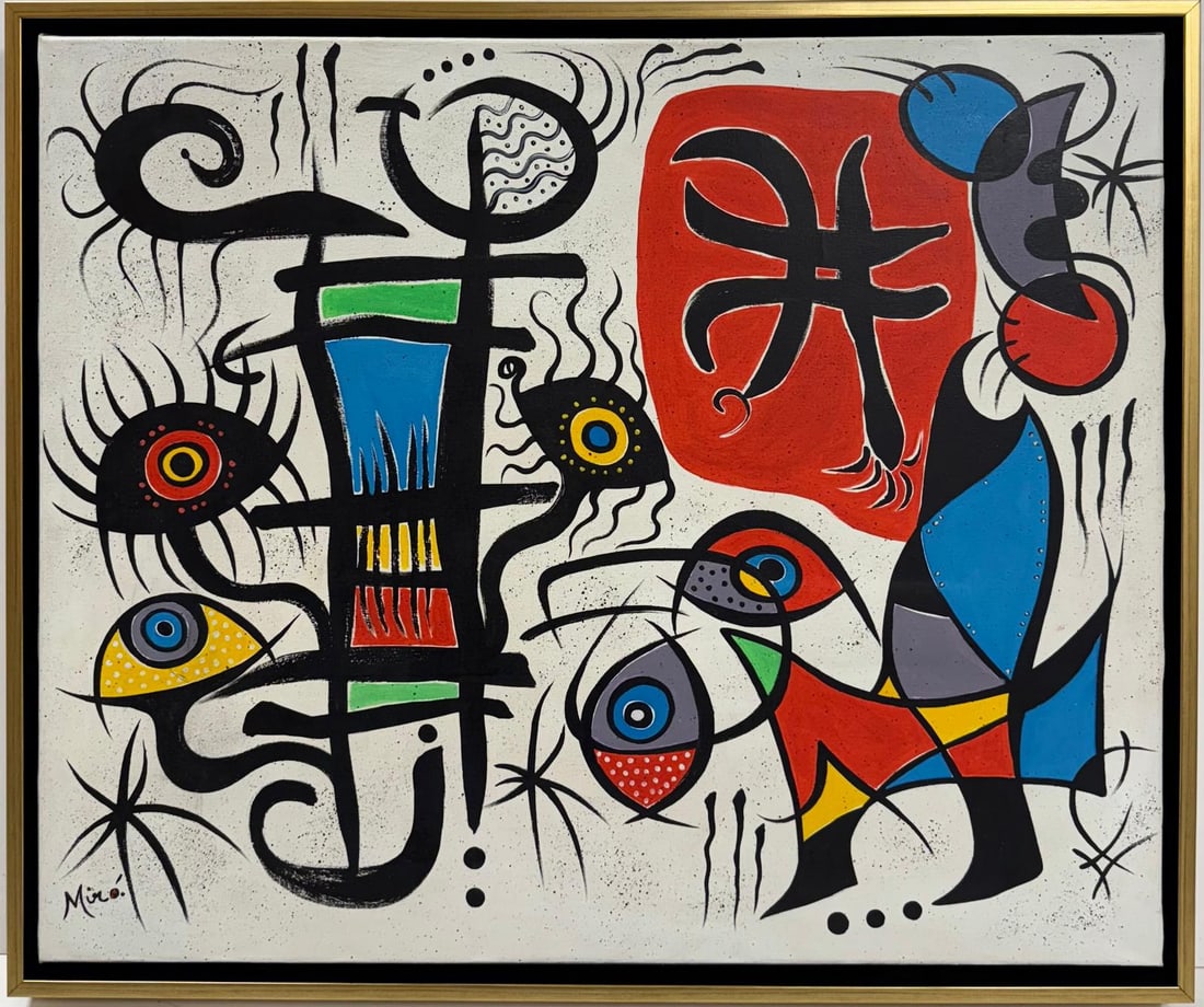 Joan Miro Spanish 1893 - 1983 Oil on canvas painting in the style of. Modernism and Surrealist Era (1 of 6)