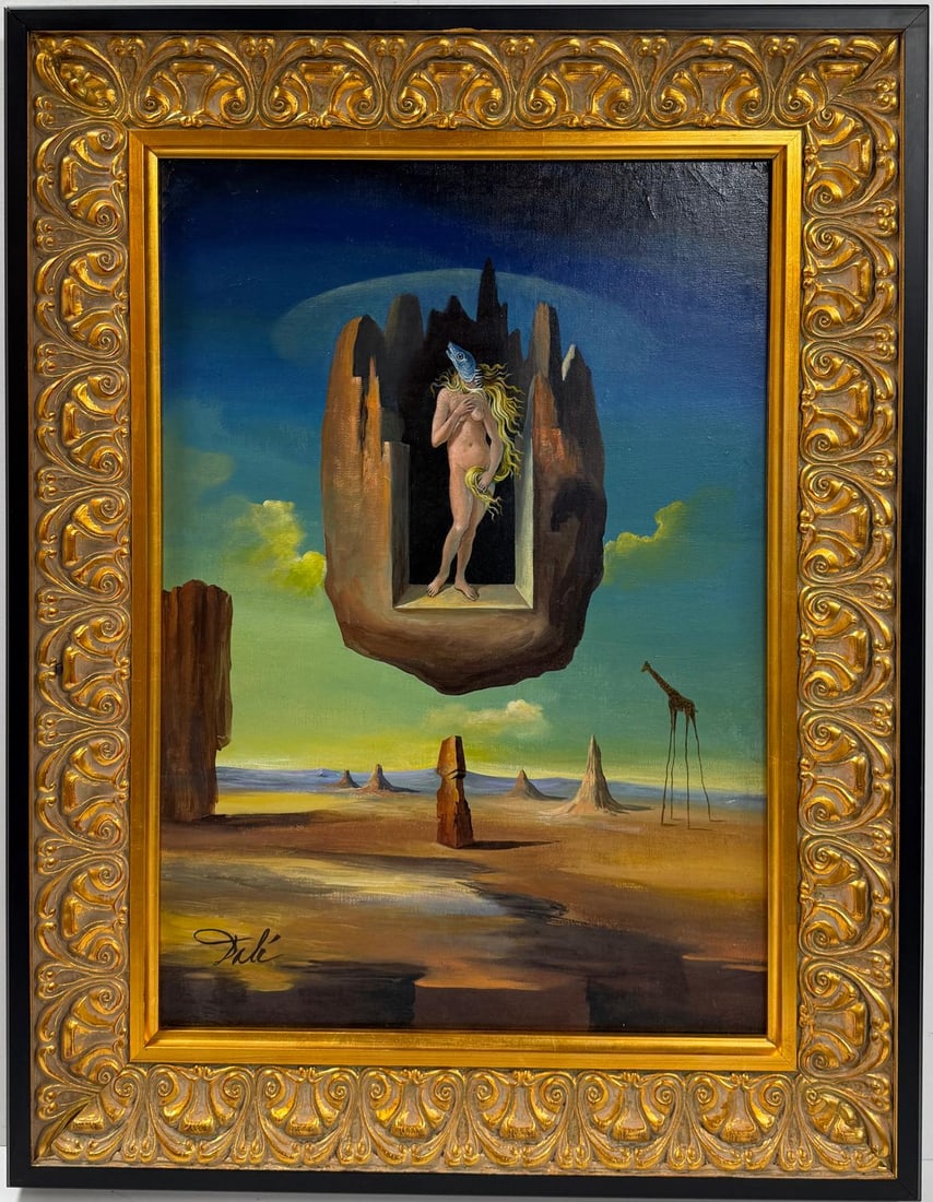 Salvador Dali Spanish 1904 - 1989 Oil on Canvas Beautiful Painting in the style of. Surrealist Era: Title: Untitled Technique: Oil on Canvas Dimensions: 27 x 19 inches Collection: Private Collection Visual Description:The painting presents a surreal dreamscape, featuring a mysterious floating rock f