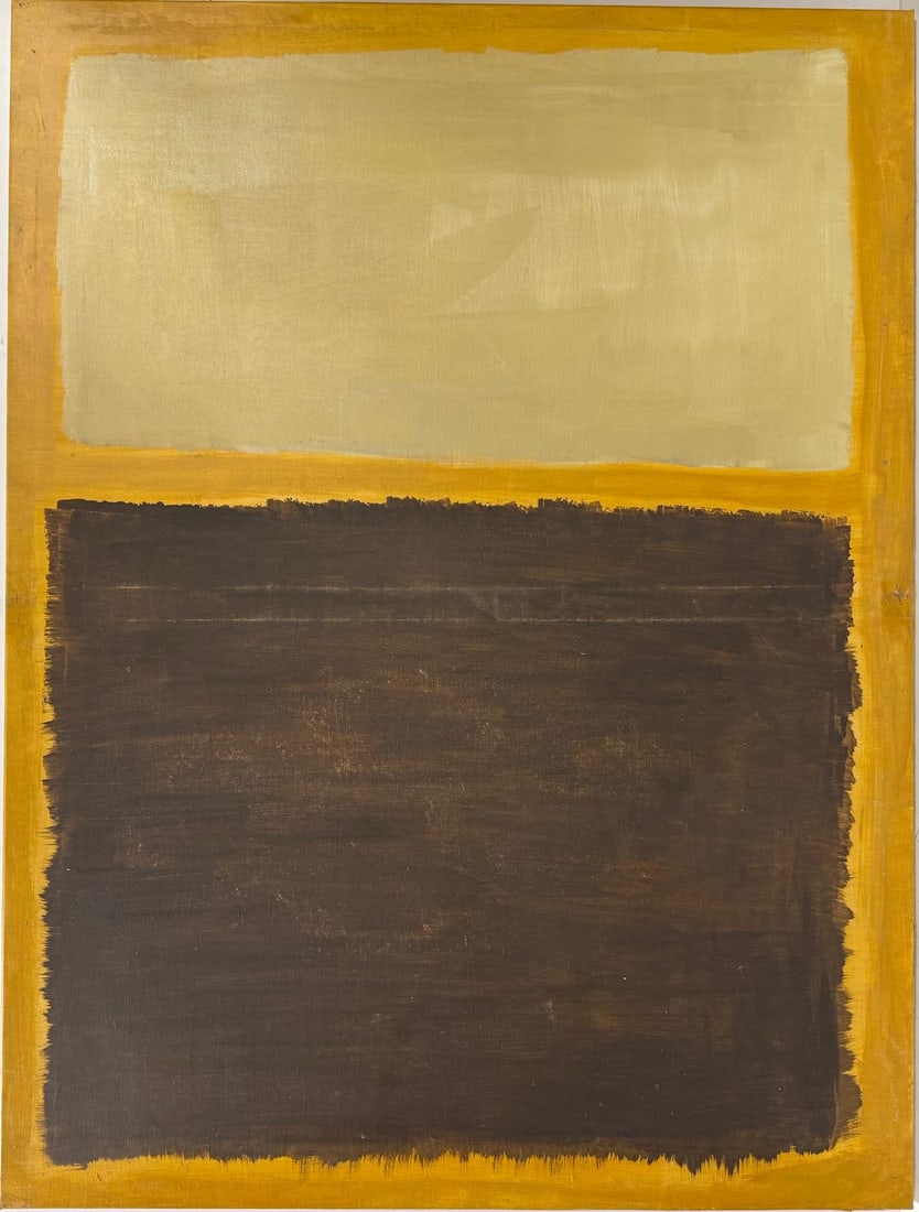 Mark Rothko Russian 1903 - 1970 Oil on canvas painting in the style of. Expressionist-Abstract Era: Title: Brown, yellow and white Technique: Oil on Canvas Dimensions: 51 x 38 inches Collection: Private Description: This contemplative abstract painting features a dual-color field composition bordere