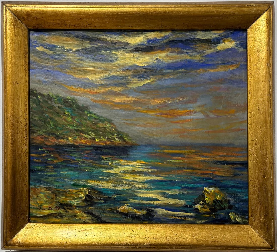 Claude Monet French 1840 - 1926 Oil on Canvas Painting in the style of. Impressionism Period.: Title: Untitled Technique: Oil on Canvas Dimensions: 18 x 20 inches Collection: Private Collection Visual Description:This landscape painting captures a serene coastal scene, depicting a vibrant sunse