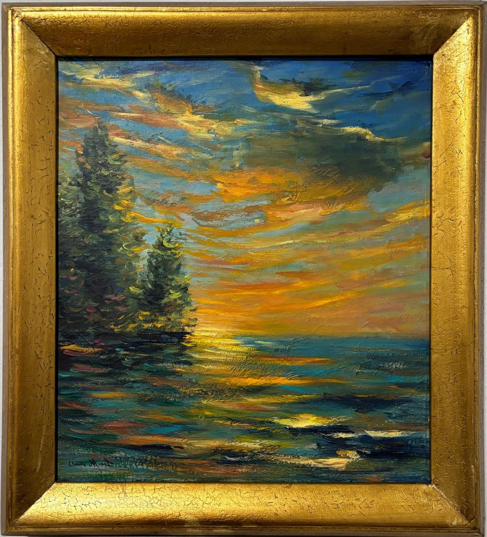 Claude Monet French 1840 - 1926 Oil on Canvas Painting in the style of. Impressionism Period.: Title: Untitled Technique: Oil on Canvas Dimensions: 20 x 18 inches Collection: Private Collection Visual Description:This vibrant landscape painting captures a breathtaking sunset over a tranquil bod