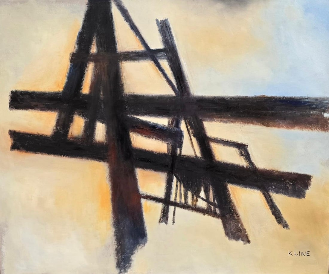 Franz Kline American Oil On canvas Painting In the style of Abstract-Expressionist Style Era: Title: Untitled Medium: Oil on canvas Dimensions: 20 x 24 inches Collection: Private Collection Artwork Description and Visual Analysis:This abstract composition features bold, intersecting black brus