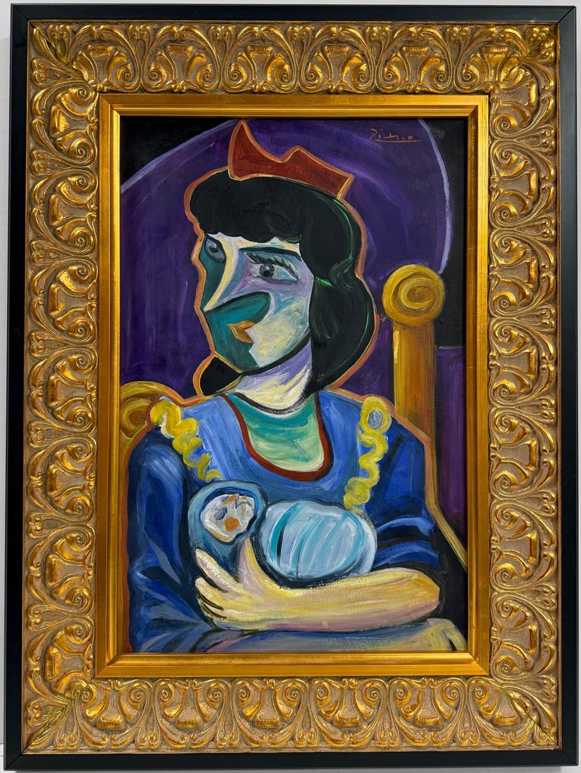 Pablo Picasso Spanish 1881-1973 BeautifulOil on canvas Painting in the style of Dali, Magritte, Era: Title: Untitled Technique: Oil on canvas Measures: 24 x 15.5 inches Collection: Private Visual Analysis:This oil-on-canvas artwork is a striking composition rendered in a Cubist-inspired style. It fea