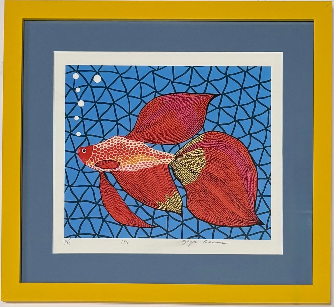Yayoi Kusama (B.1929) Japanese In the Style of. Minimalism and Pop Art Era. Screenprintt/Paper: Title: Goldfish Medium: Screenprint in colors on wove paper Size: Image: 295 x 350 mm; Sheet: 350 x 400 mm (13.5 x 15 inches) Year: 1986 Edition: Numbered 12/25 in pencil Condition: Full margins, very