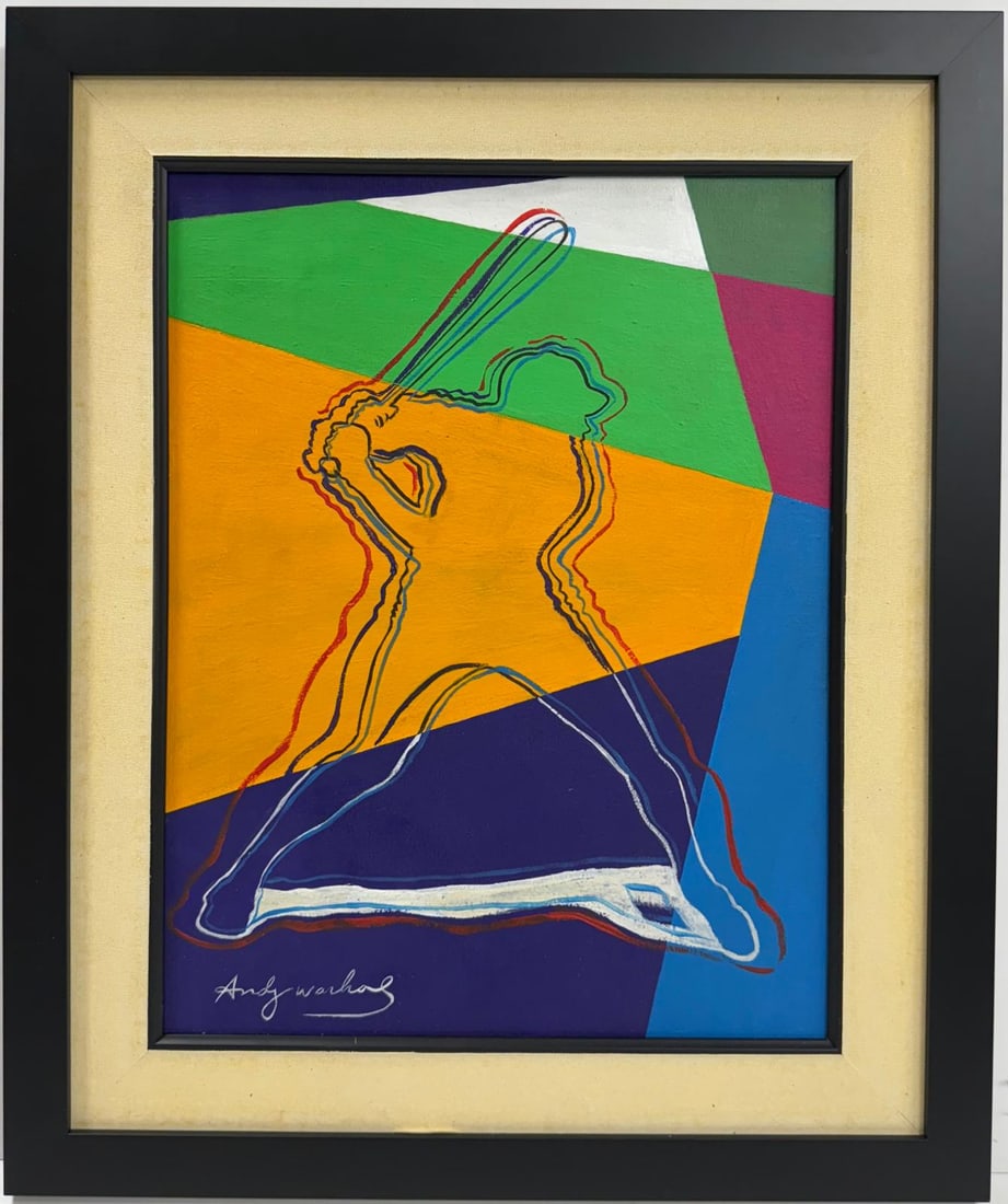 Andy Warhol American 1928-1987 Acrylic on Canvas Painting in the style of.Basquiat Pop Art Era: Title: Untitled Medium: Acrylic on canvas Size: 18 x 14 in. Year: Undated Collection: Private collection The artwork is a vibrant acrylic painting on canvas featuring dynamic geometric shapes and a si