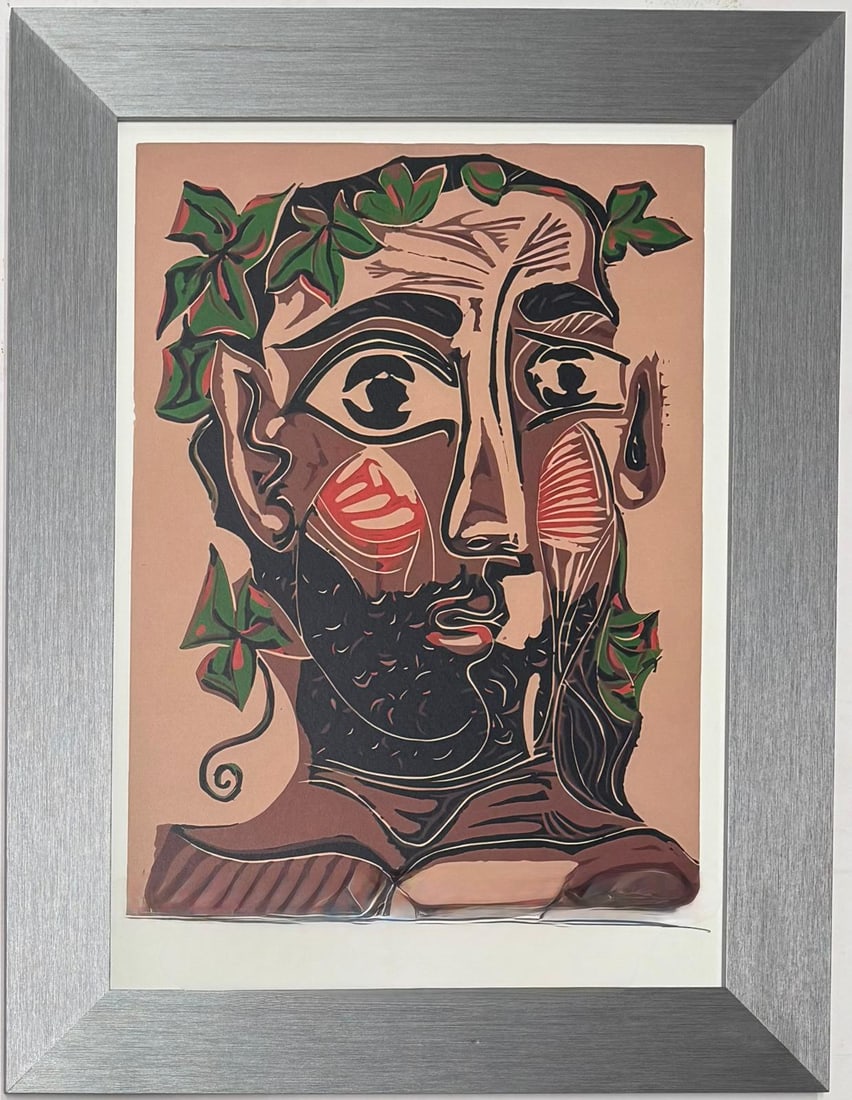 Pablo Picasso Spanish 1881-1973 Color Linocut in paper. in the style of. Dali, Magritte, Modern Era: Title: Homme barbu couronné feuilles de vigne Year: 1962 Medium: Linoleum Cut on Arches Wove Paper 24 x 17 inchesImage Size: 535 x 415 mmSheet Size: 630 x 445 mm Edition: Numbered 30/50 in pencil in 