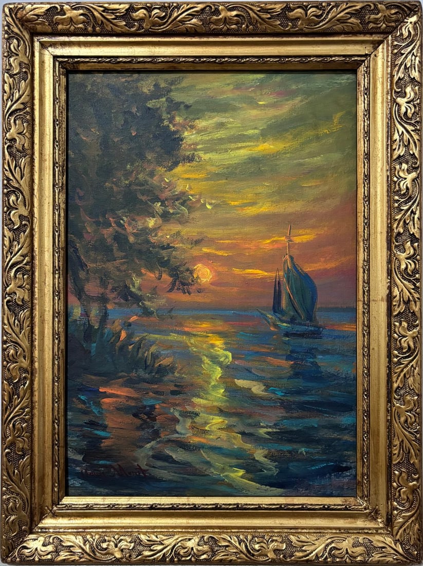 Claude Monet French 1840 - 1926 Oil on canvas in the style of. Renoir, Manet, Impressionist Era.: Title: Untitled Date: Undated Medium: Oil on canvas Dimensions: 16 x 12 inches Collection: Private Collection nThis evocative oil painting depicts a serene seascape at sunset, blending warm hues of or