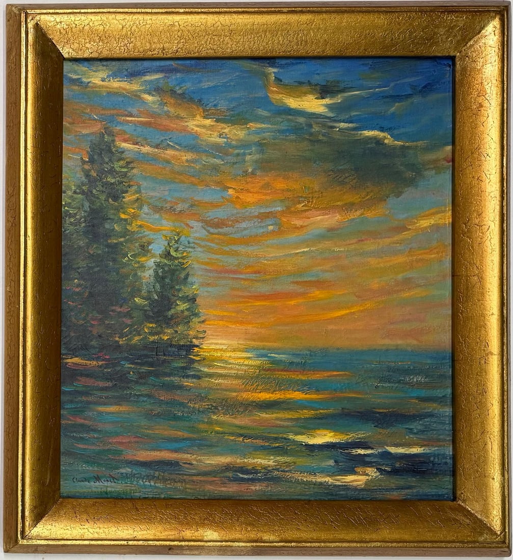 Claude Monet French 1840 - 1926 Oil on canvas in the style of. Renoir, Manet, Impressionist Era.: Title: Untitled Date: Undated Medium: Oil on canvas Dimensions: 16.5 x 14.5 inches Collection: Private collection This painting features a serene sunset scene, with vibrant hues of orange, gold, and b