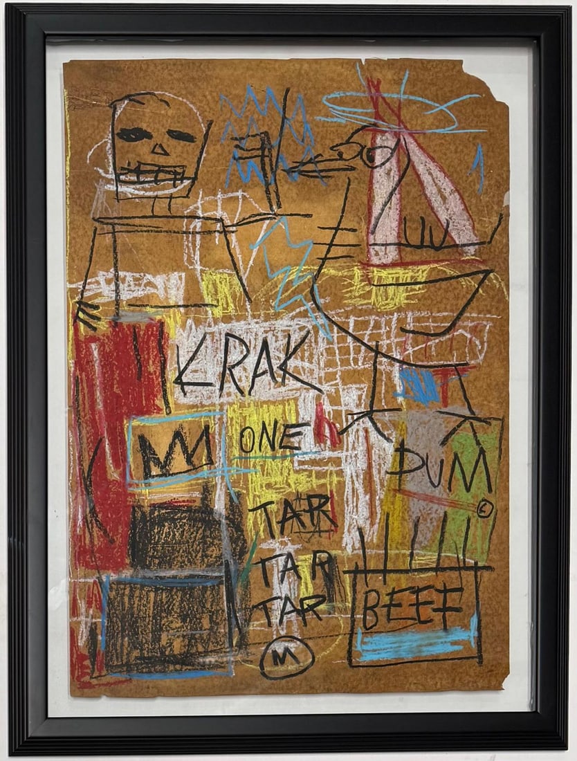 Jean Michel Basquiat In The Style of. Warhol, Haring, & Basquiat Era. Acrylic on Paper.: Title: Untitled Date: Undated Medium: Acrylic on paper Dimensions: 25 x 18 inches Collection: Private Collection This raw and evocative artwork combines acrylic and expressive linework to create a viv
