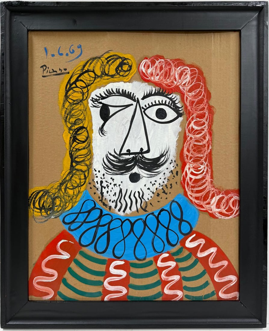 Pablo Picasso Spanish 1881-1973 Oil On Canvas Painting in the style of. Dali, Magritte, Chagall Era: Title: Buste d’homme Medium: Oil on canvas Dimensions: 28 x 22 inches Collection: Private Collection Condition: Good This vibrant portrait features a bold and expressive depiction of a bearded man, 