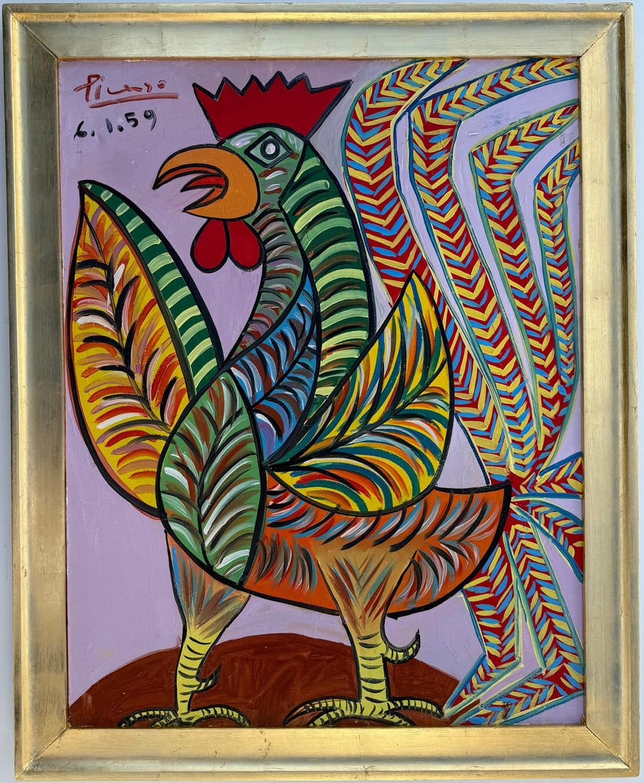 Pablo Picasso Spanish 1881-1973 Oil On Canvas Painting in the style of. Dali, Magritte, Chagall Era: Title: Rooster Medium: Oil on canvas Dimensions: 36 x 27 inches Collection: Private Collection Condition: Good This oil painting presents a bold and dynamic depiction of a rooster, rendered in a Cubis