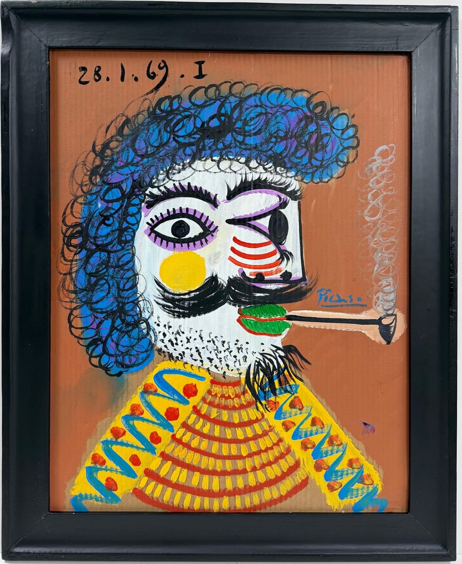 Pablo Picasso Spanish 1881-1973 Oil On Canvas Painting in the style of. Dali, Magritte, Chagall Era: Title: Buste d’homme Medium: Oil on canvas Dimensions: 28 x 22 inches Collection: Private Collection Condition: Good This vibrant and expressive oil painting depicts a stylized male bust, characteri