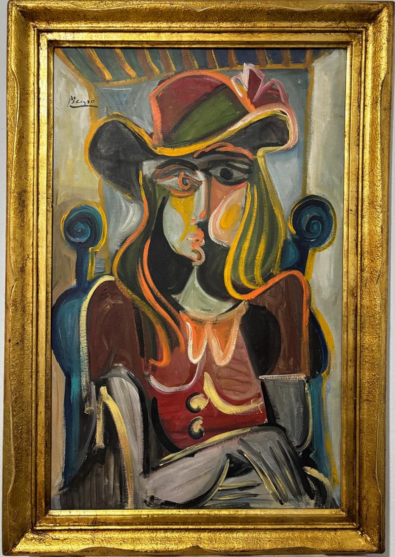 Pablo Picasso Spanish 1881-1973 Oil On Canvas Painting in the style of. Dali, Magritte, Chagall Era: Title: Untitled Medium: Oil on canvas Dimensions: 32 x 22 inches Collection: Private Collection Condition: Good This oil painting presents a bold and expressive portrait of a woman, executed in a Cubi