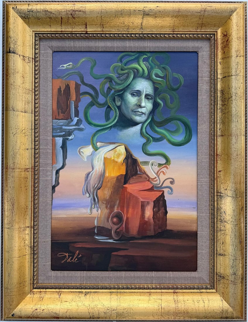 Salvador Dali Spanish 1904 - 1989 Oil on Canvas Painting in the style of. Magritte, Picasso Era: Title: Untitled Date: Undated Medium: Oil on canvas Dimensions: 24 x 16 inches Collection: Private Collection Condition: Good This surreal oil painting features a haunting depiction of a Medusa-like f