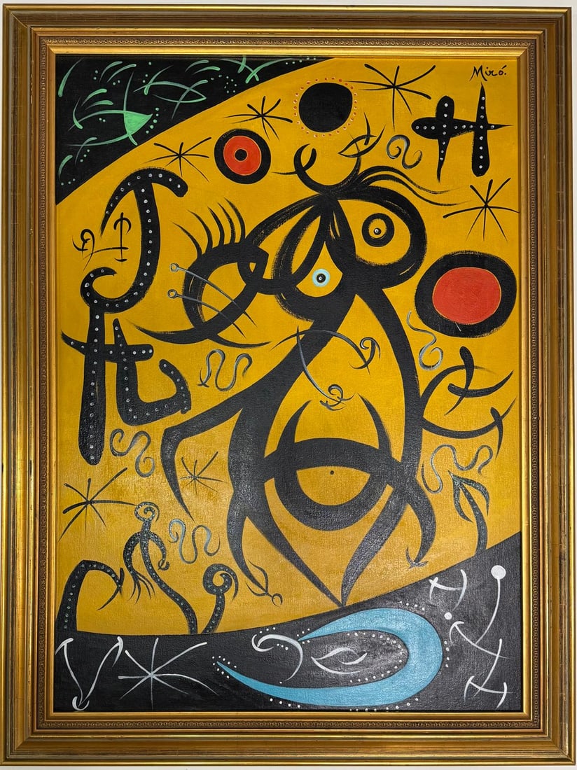 Joan Miro Spanish 1893 - 1983 Oil on canvas painting in the style of. Modernism and Surrealist Era (1 of 7)