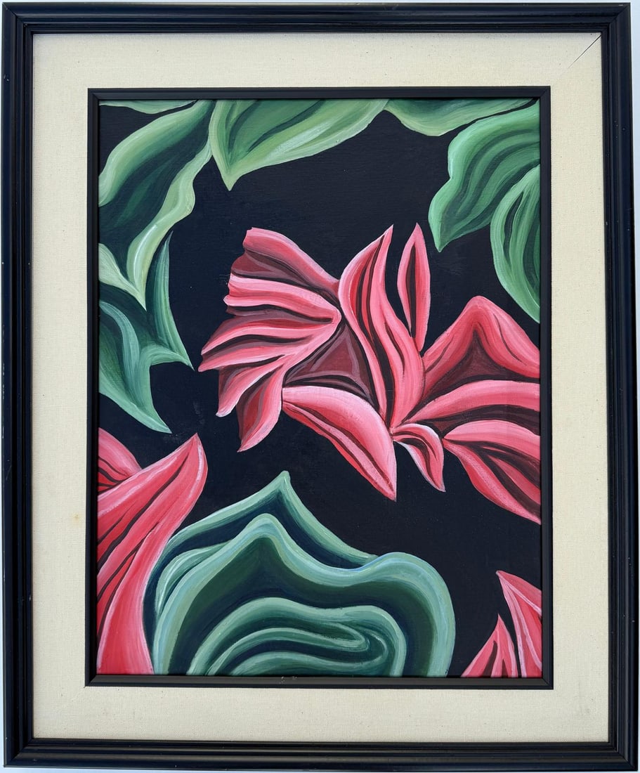 Georgia O'Keeffe American Oil On Canvas Painting in the style of. Pollock & O'Keeffe. Abstract Era: Title: Untitled Technique: Oil on canvas Measures: 18 x 14 inches Collection: Private This vibrant oil-on-canvas artwork celebrates the beauty and rhythm of nature through a bold and dynamic compositi