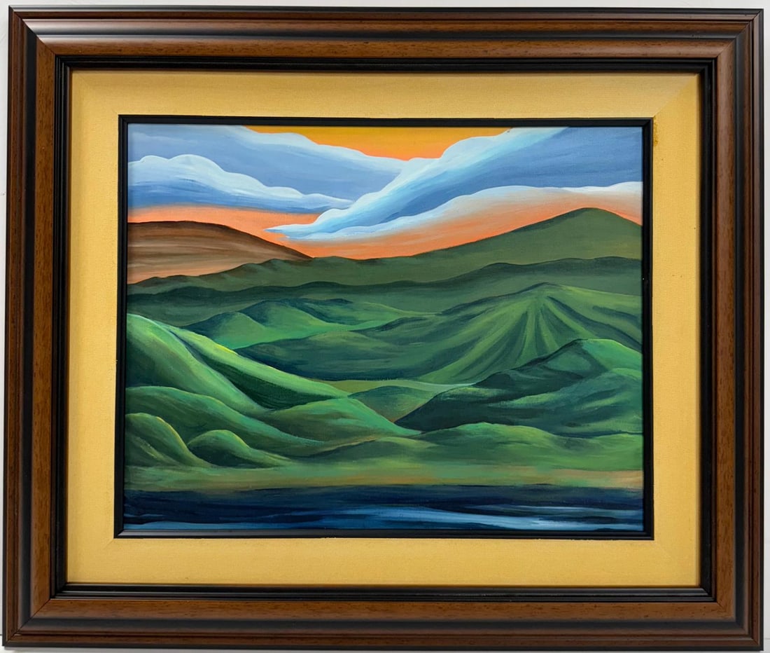 Georgia O'Keeffe American Oil On Canvas Painting in the style of. Pollock & O'Keeffe. Abstract Era: Title: Untitled Date: Undated Medium: Oil on canvas Dimensions: 14 x 17 inches Collection: Private Collection Condition: Good This serene oil painting captures a vast and rolling landscape of green mo
