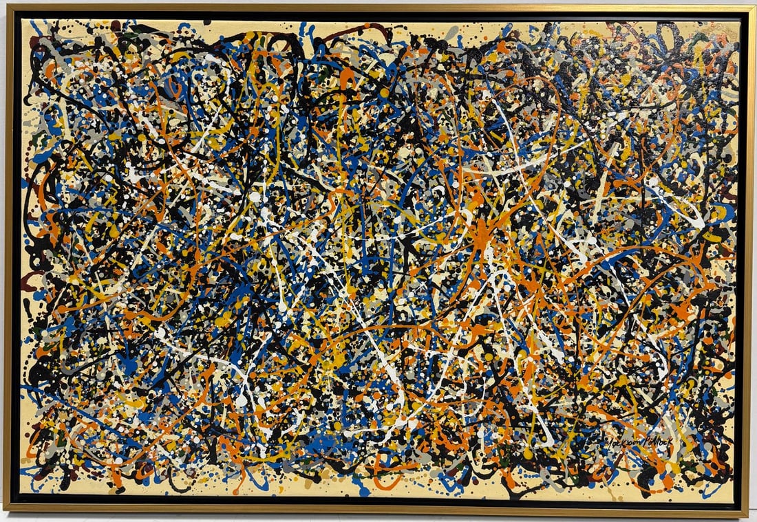 Jackson Pollock American Oil on Wood Painting In The Style of. Rothko, Kline & Pollock Abstract Era: Title: Untitled Date: Undated Medium: Oil on canvas Dimensions: 26 x 39 inches Collection: Private Collection Condition: Good This energetic and dynamic abstract painting is characterized by an intric