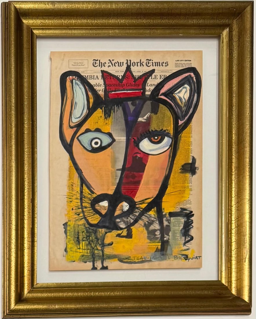 Jean Michel Basquiat Abstract In The Style of. Andy Warhol and Haring Era. Mixed Media/Paper.: Title: Untitled Date: Undated Medium: Mixed media on paper Dimensions: 15 x 11 inches Collection: Private Collection Condition: Good This vibrant and expressive mixed-media composition features a bold