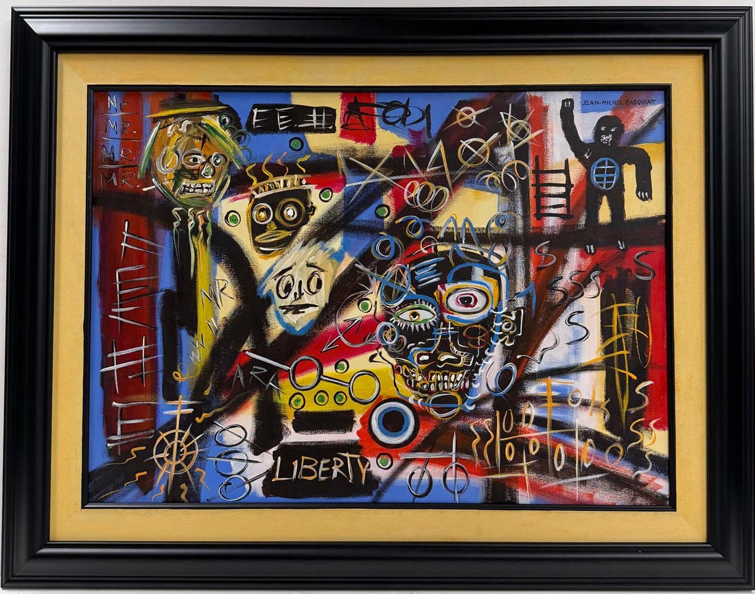 Jean Michel Basquiat Abstract In The Style of. Andy Warhol and Haring Era. Acrylic/Canvas.: Title: Untitled Date: Undated Medium: Acrylic on canvas Dimensions: 19 x 27 inches Collection: Private Collection Condition: Good This intensely expressive mixed-media painting is a chaotic yet struct