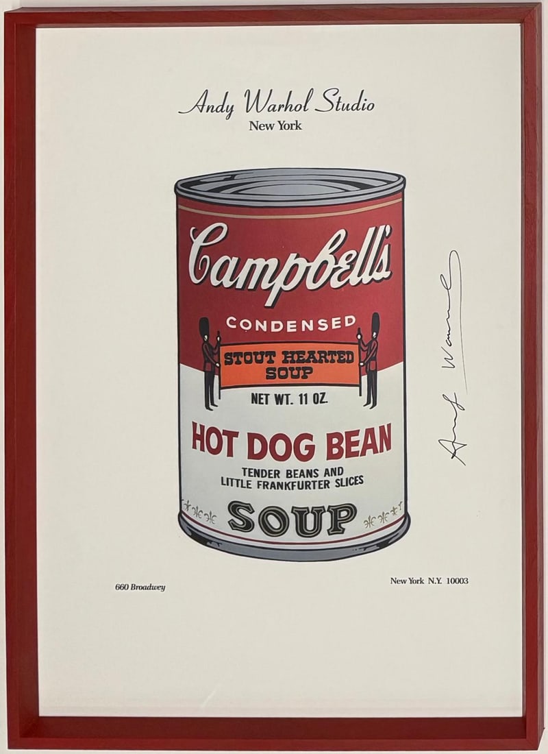 Andy Warhol American 1928-1987 Screenprint in the style of Pop Art. Haring, Basquiat Era: Title: Hot Dog Bean, from: Campbell’s Soup Date: 1968 Medium: Screenprint in colors on smooth wove paper Dimensions: Sheet size: 700 x 500 mm (27 x 19 inches) Condition: Good This iconic pop-art scr