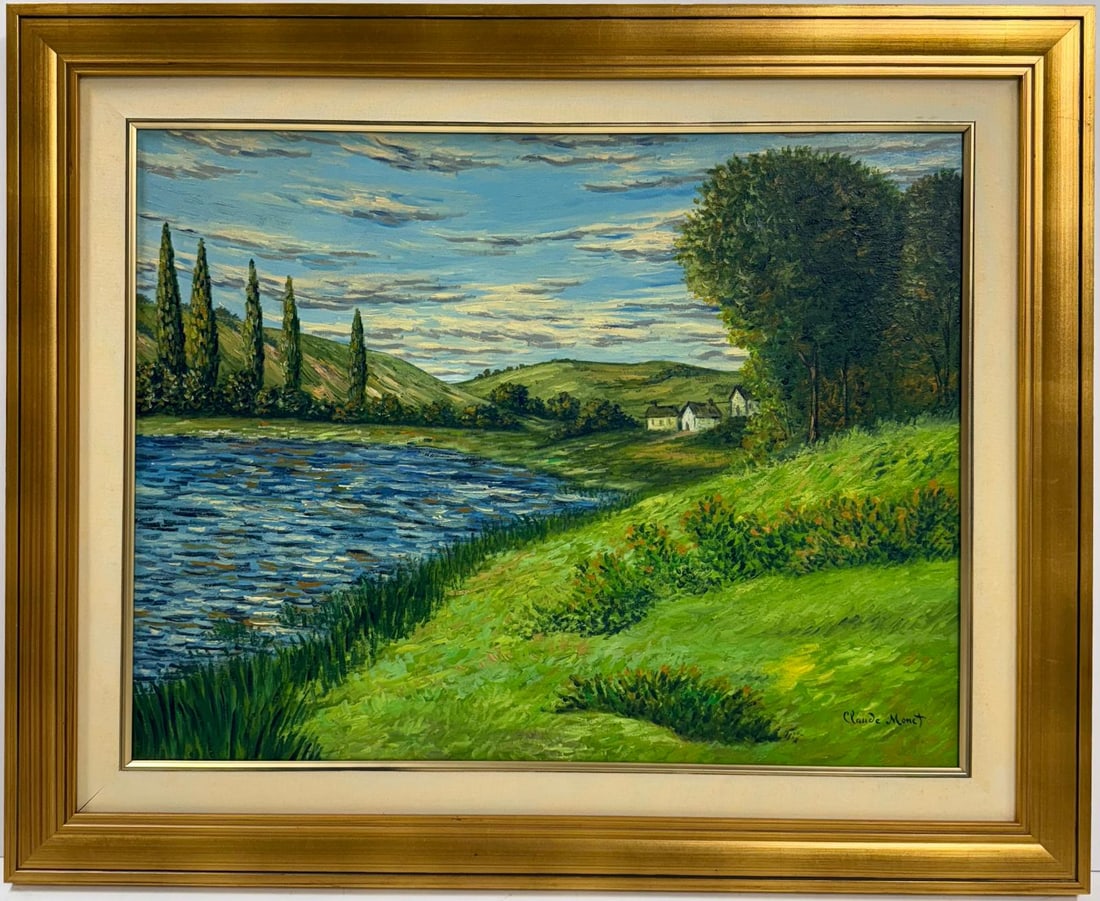 Claude Monet French 1840 - 1926 Oil on canvas in the style of. Renoir & Manet Impressionist Era.: Title: Untitled Date: Undated Medium: Oil on canvas Dimensions: 20 x 26 inches Collection: Private Collection Condition: Good This beautifully composed landscape painting captures a peaceful countrysi