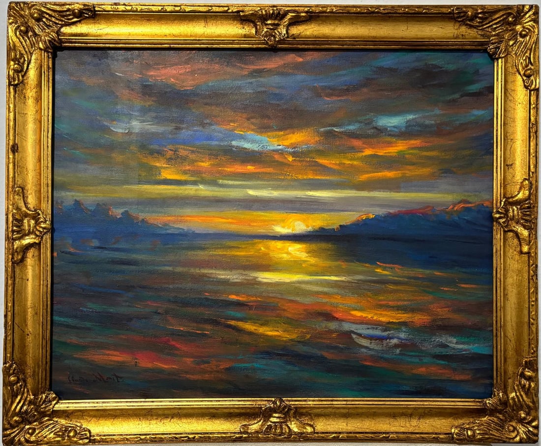 Claude Monet French 1840 - 1926 Oil on canvas in the style of. Renoir & Manet Impressionist Era.: Title: Untitled Date: Undated Medium: Oil on canvas Dimensions: 19 x 23 inches Collection: Private Collection Condition: Good This striking seascape painting captures a majestic sunset over the ocean,