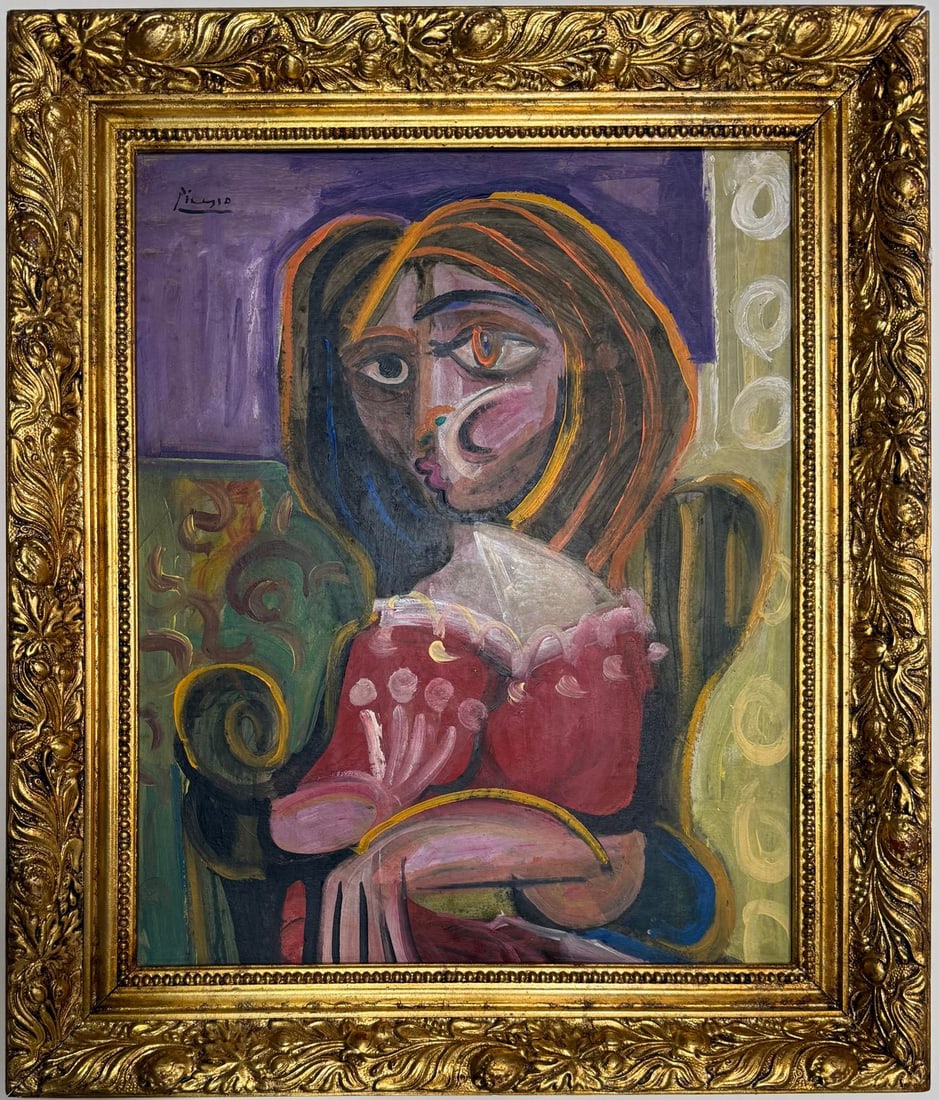 Pablo Picasso Spanish 1881-1973 Beautiful Oil on canvas In The Style Of. Dali, Magritte, Era: Title: Untitled Date: Undated Medium: Oil on canvas Size: 12 x 16 inches Collection: Private Condition: Good This oil painting depicts a seated female figure with a fragmented and asymmetrical face, r
