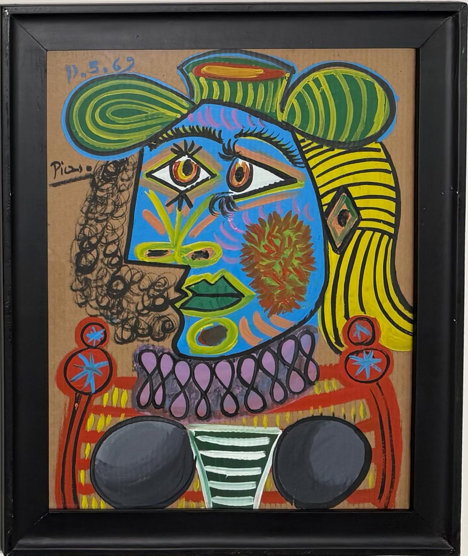 Pablo Picasso Spanish 1881-1973 Beautiful Oil on cardboard In The Style Of. Dali, Magritte, Era: Title: Buste de femme Date: 1969 Medium: Oil on corrugated cardboard Size: 28 x 22 inches Collection: Private Condition: Good This vibrant oil painting presents a highly abstract and expressive portra