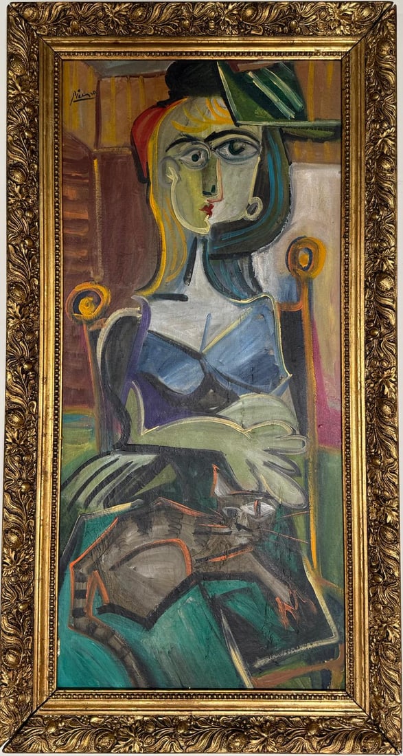 Pablo Picasso Spanish 1881-1973 Oil on Canvas painting in the style of , Magritte, & Picasso Era: Title: Untitled Date: Undated Medium: Oil on canvas Size: 30 x 14 inches Collection: Private Condition: Good This vertically oriented oil painting presents a seated female figure, depicted in a Cubist