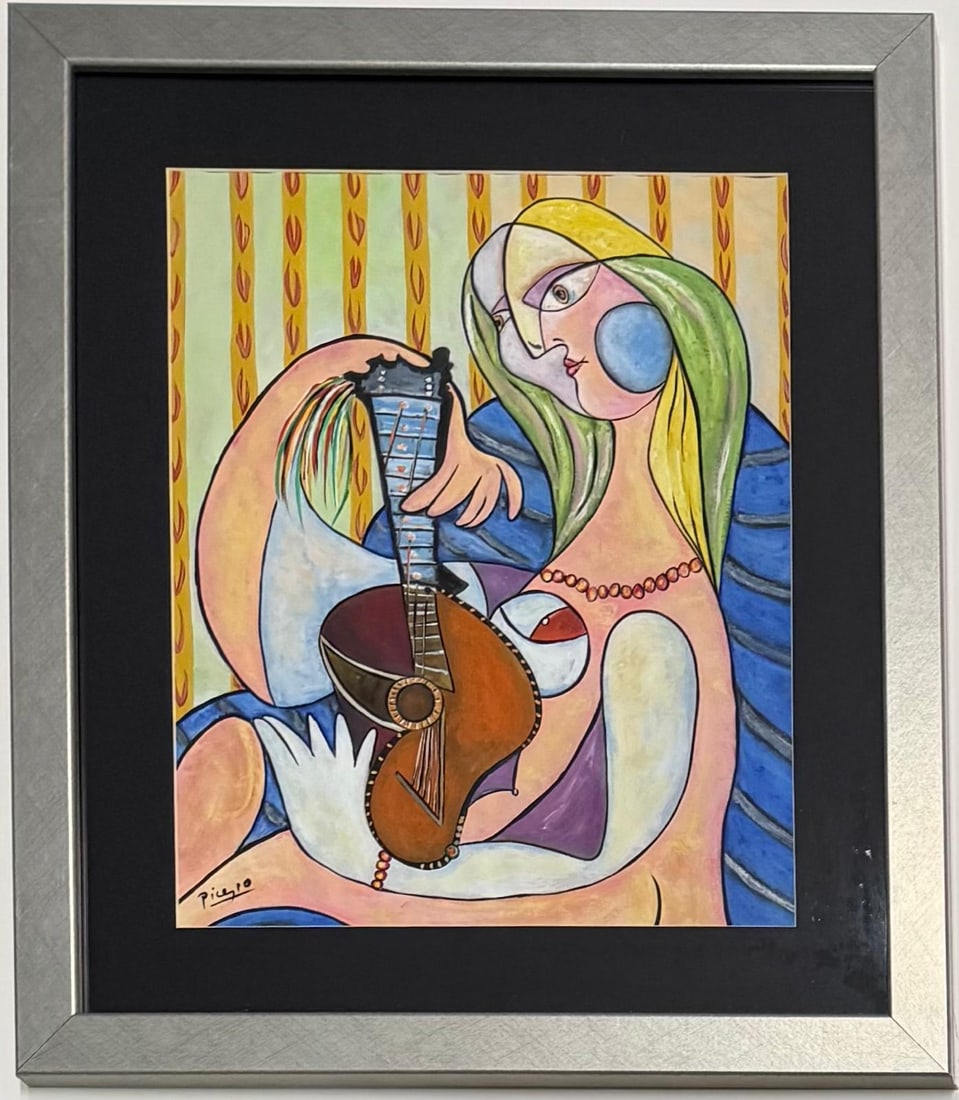 Pablo Picasso Spanish 1881-1973 Gouache/Paper In The Style Of. Dali, Magritte, & Picasso Era: Title: Untitled Date: Undated Medium: Gouache on paper Size: 15 x 12 inches Collection: Private Condition: Good This vibrant and expressive gouache painting portrays a seated female figure holding a g
