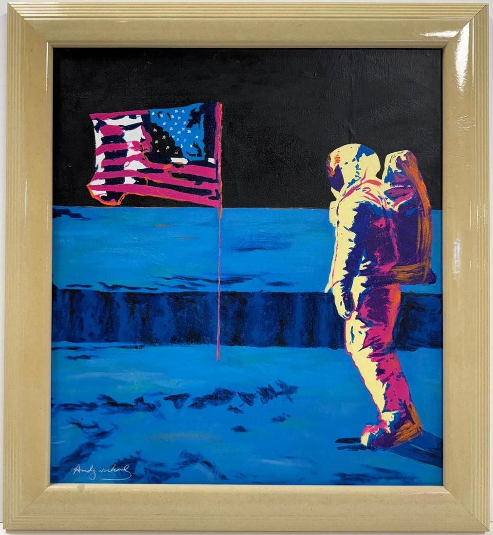 Andy Warhol American 1928-1987 Acrylic/Canvas in the style of. Haring & Warhol Pop Art Era: Title: Untitled Date: Undated Medium: Acrylic on canvas Size: 17 x 16 inches Collection: Private Condition: Good This bold and vibrant acrylic painting captures a historic and iconic moment—an astro