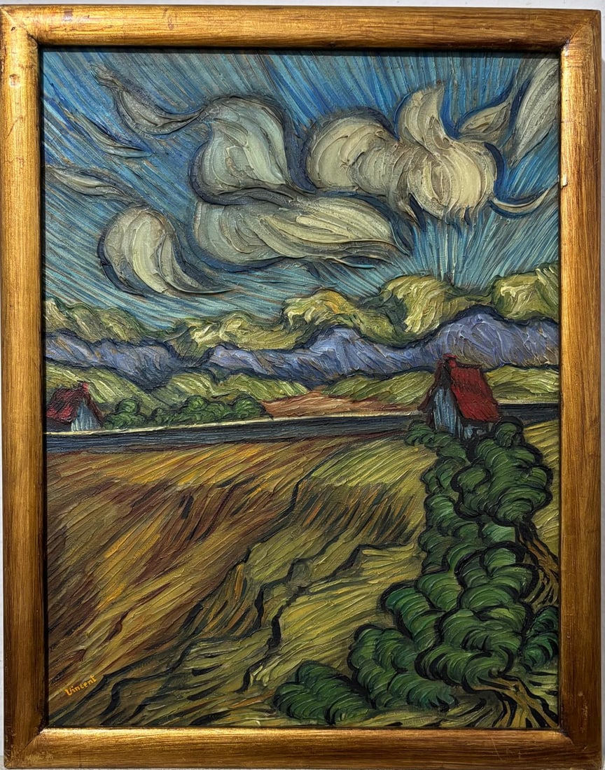 Vincent Van Gogh Dutch 1853-1890 Oil on Canvas painting. Gaugin & Van Gogh Impressionist Period.: Title: Landschap Date: Undated Medium: Oil on Canvas Size: 18 x 14 inches Collection: Private Condition: Good This expressive landscape painting showcases a dramatic countryside scene, painted with th