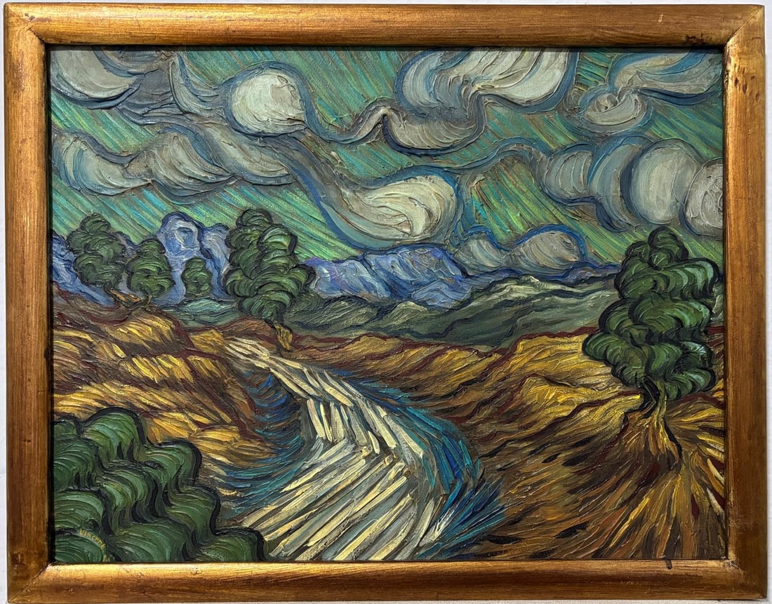 Vincent Van Gogh Dutch 1853-1890 Oil on Canvas painting in the style of. Gogh Impressionist Period.: Title: Landschap Date: Undated Medium: Oil on Canvas Size: 14 x 18 inches Collection: Private Condition: Good This expressive landscape painting is filled with dynamic movement and rich texture, creat