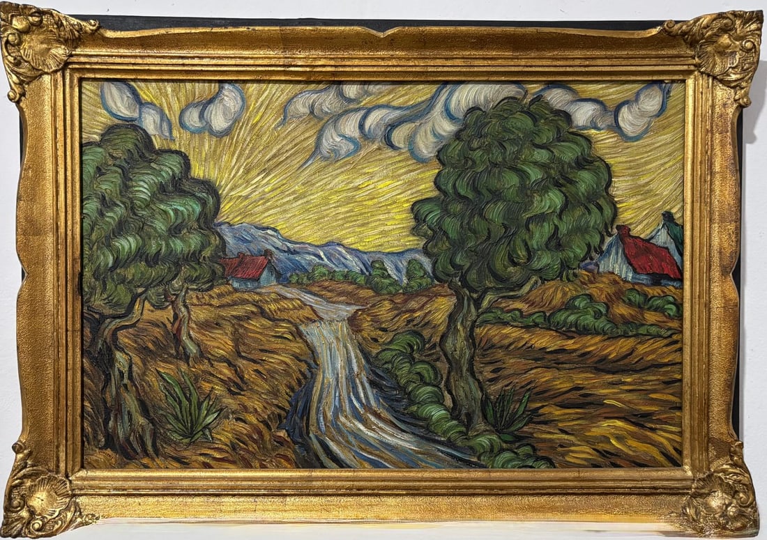 Vincent Van Gogh Dutch 1853-1890 Oil on Canvas painting. Gaugin & Van Gogh Impressionist Period.: Title: Landschap Date: Undated Medium: Oil on Canvas Size: 22 x 32 inches Collection: Private Condition: Good This expressive landscape painting is created with thick impasto brushstrokes, giving the 