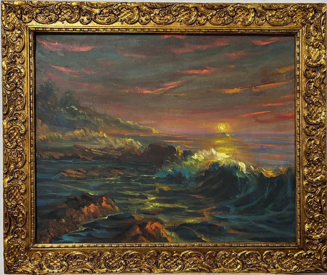 Claude Monet French 1840 - 1926 Oil on canvas in the style of. Renoir & Manet Impressionist Era.: Technique: Oil on canvas Measures: 19 x 23 inches Year: Not dated Condition: Good Collection: Private collection The painting titled Landschap presents a dramatic coastal scene, possibly at sunset or