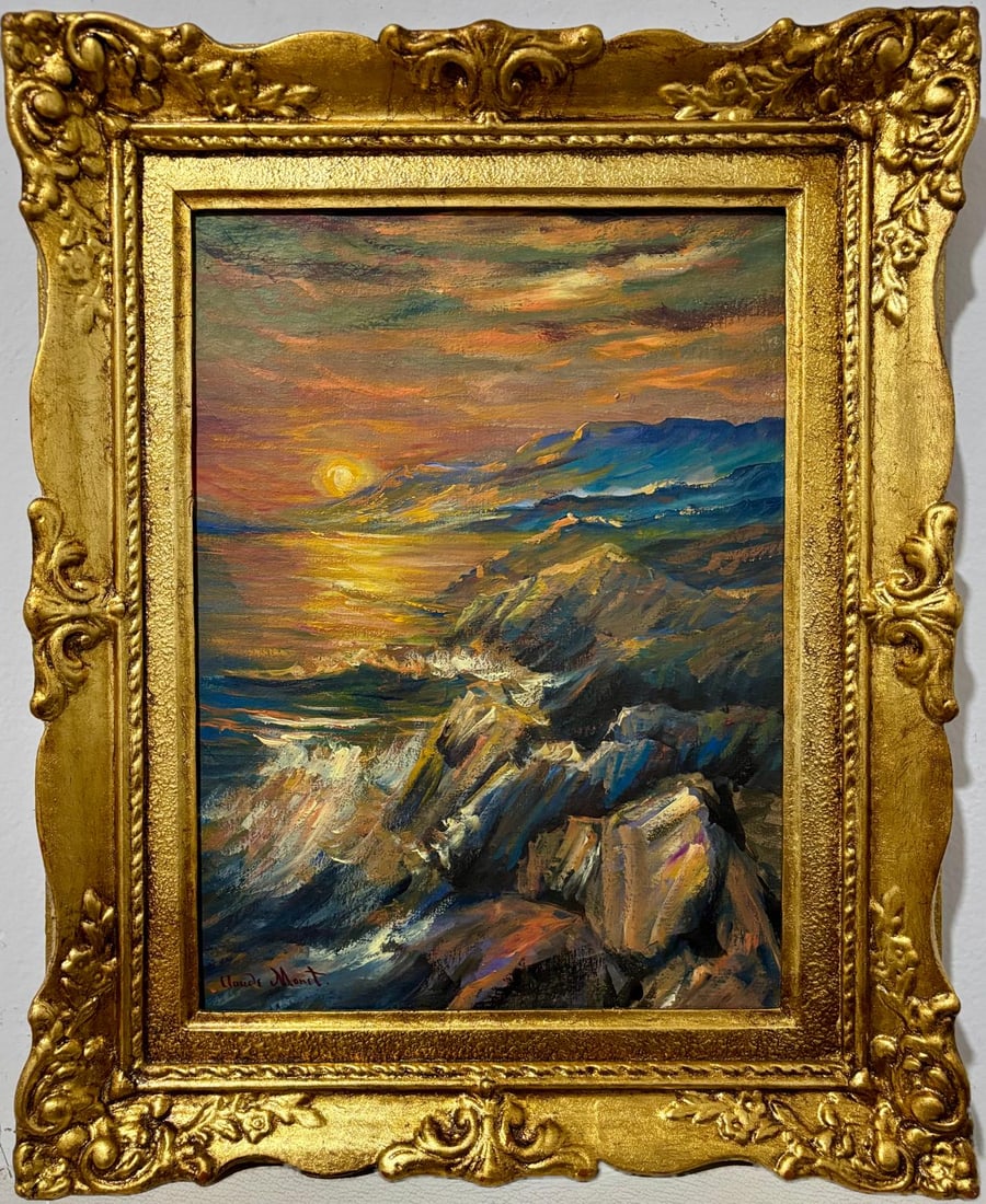 Claude Monet French 1840 - 1926 Oil on canvas in the style of. Renoir & Manet Impressionist Era.: Technique: Oil on canvas Title: Untitled Measures: 21 x 17 inches Year: Not dated Condition: Good Collection: Private collection This oil on canvas painting presents a dramatic coastal landscape, poss